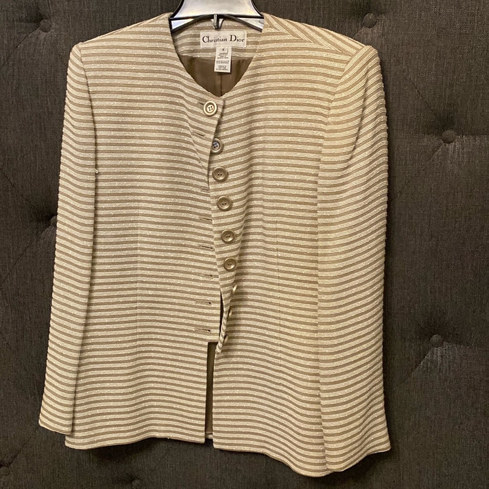 Christian Dior, Suit jacket and skirt, beige with fine stripes. Very elegant!